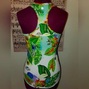 Athleta Tropical Print Green Scoopneck Racerback Tank XXS EUC